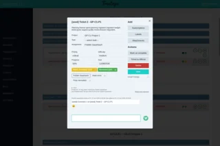 Treetops: Ticketdetails mit Zuständigkeit, Priorität, Fortschritt, Labels und Kommentaren.